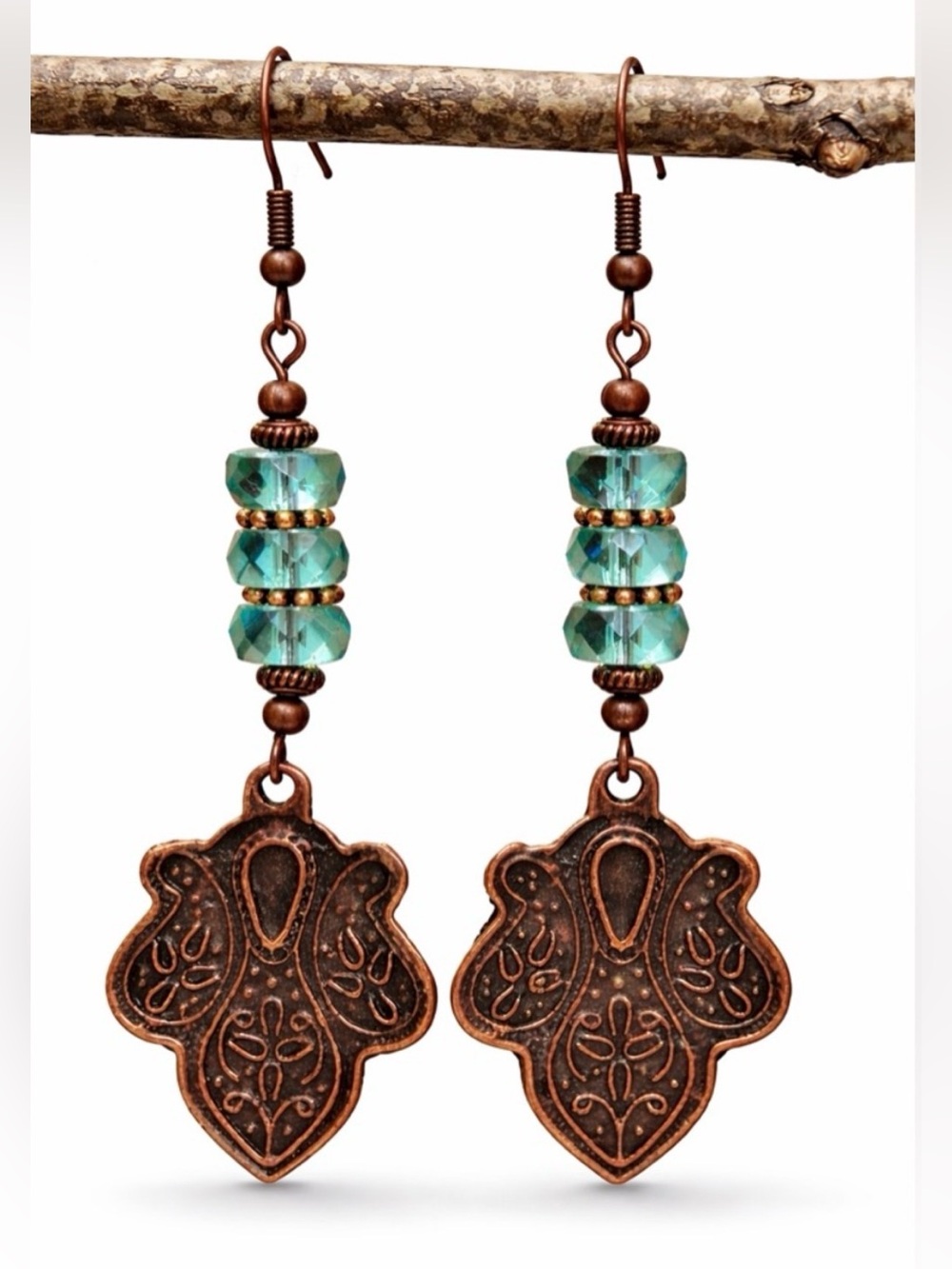 Boho Filigree, Copper Dangle Earrings, Teal Crystal Beads, Rustic Statement
MTO